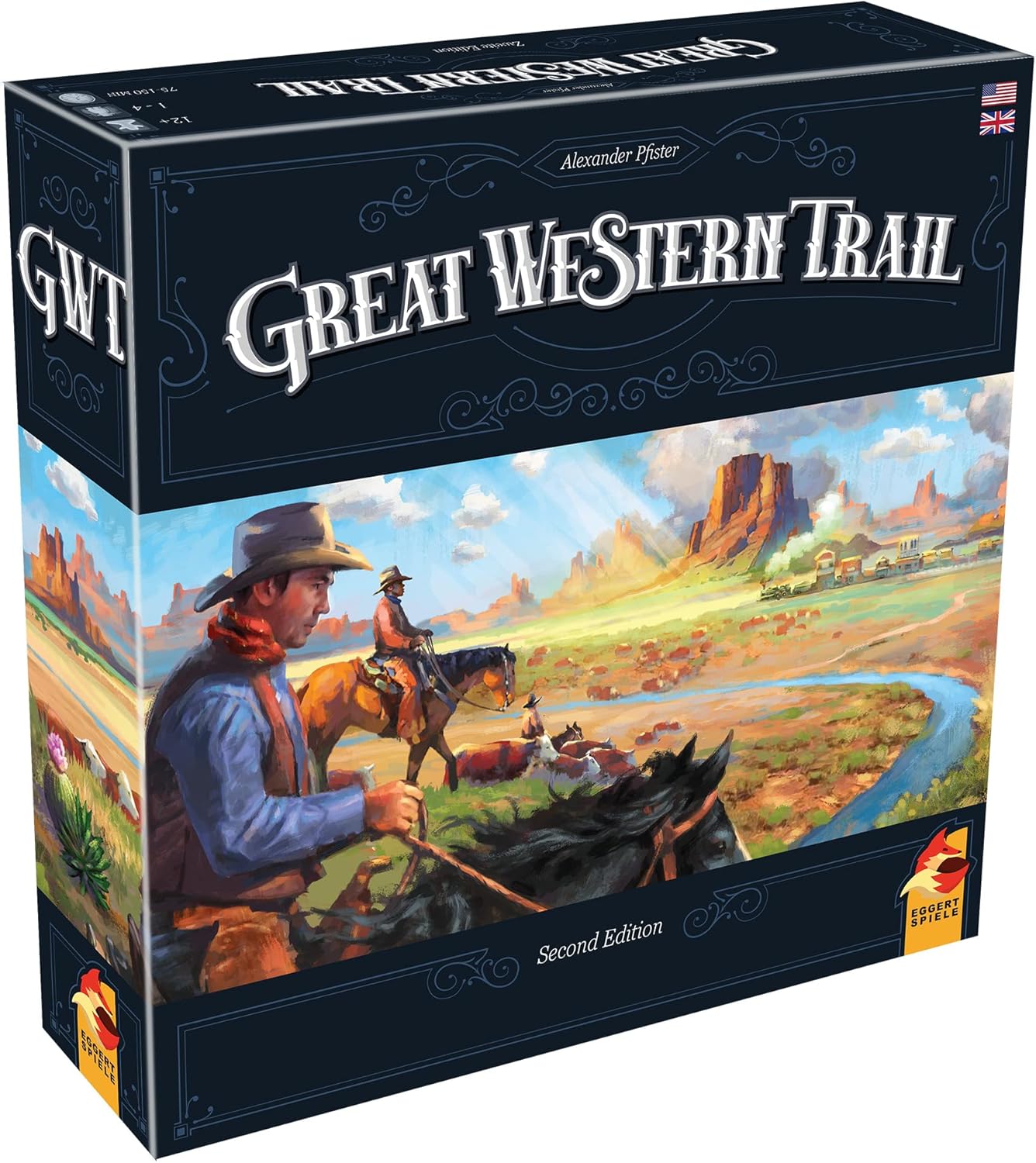 Epic adventures await you on the Great Western Trail! 19th century America never looked so breathtaking!
Great Western Trail Second Edition marks the return of Alexander Pfister’s epic strategy masterpiece with new cool features and new components for an even greater journey! Buy the most valuable cows to deliver the best cattle to Kansas City’s train station. From there, bring them to New York to earn money and points to become the best rancher!