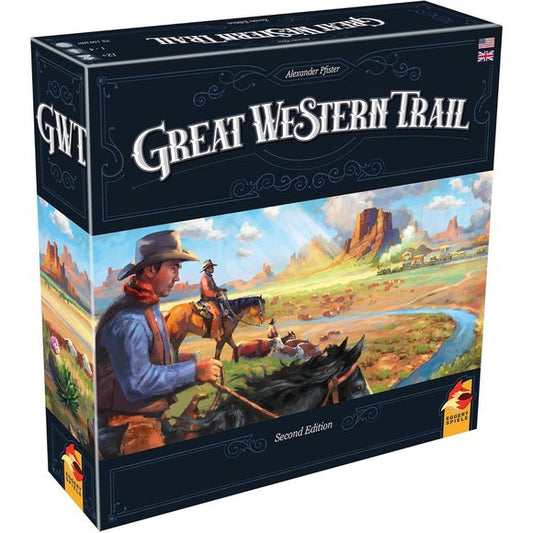 Epic adventures await you on the Great Western Trail! 19th century America never looked so breathtaking!
Great Western Trail Second Edition marks the return of Alexander Pfister’s epic strategy masterpiece with new cool features and new components for an even greater journey! Buy the most valuable cows to deliver the best cattle to Kansas City’s train station. From there, bring them to New York to earn money and points to become the best rancher!