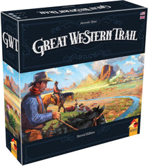 Epic adventures await you on the Great Western Trail! 19th century America never looked so breathtaking!
Great Western Trail Second Edition marks the return of Alexander Pfister’s epic strategy masterpiece with new cool features and new components for an even greater journey! Buy the most valuable cows to deliver the best cattle to Kansas City’s train station. From there, bring them to New York to earn money and points to become the best rancher!