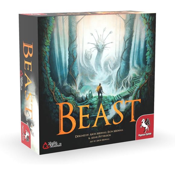 Beast is an engaging one-vs-many hidden movement game set in a beautiful fantasy landscape from the art and design team at Studio Midhall. Take on the role of a mythical beast as you defend your territory from invading human settlers or join a team of skilled hunters trying to protect your new lands from a monstrous terror. Features stunning artwork, gorgeous components, and smooth, multifaceted gameplay