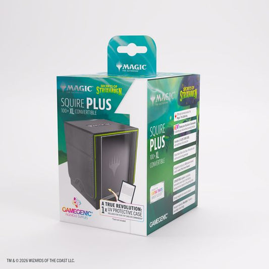 The Squire PLUS 100+ XL is a premium deck box featuring officially licensed artwork from the game, showcased on a full-color printed Armorfyber surface with high visual impact. It offers a clear innovation: display your Top Card or Commander without opening the box. The included Slide Card Case keeps your card UV-protected, easily visible for deck recognition, and can be detached for use during gameplay, keeping your card protected at all times. The box holds 100 double-sleeved cards, even with extra Thick