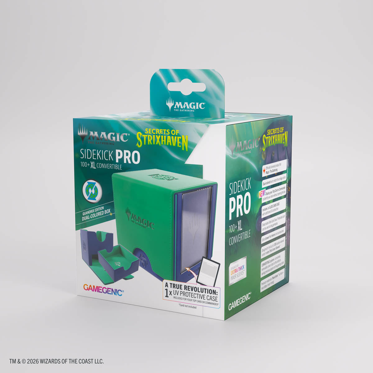 Designed for functionality and style, it holds 100+ double-sleeved cards in a sideloading position, with additional space for tokens and a UV-protected Slide Card Case at the front. The Slide Card Case is seamlessly integrated into the front of the box and can be removed for use during gameplay, allowing players to display their Commander card while keeping it fully protected at all times. A hidden, sturdy drawer provides extra storage for tokens or dice, ensuring all gaming essentials stay organized. The b