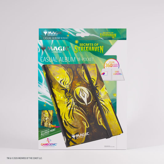 Protect and organize your collection with the Magic: The Gathering Secrets of Strixhaven Casual Album 18-Pocket. Designed for collectors and players alike, this officially licensed softcover binder offers reliable storage combined with striking Strixhaven artwork printed on both the outside and inside covers. The album includes 20 durable pages with 18 side-loading pockets per page, providing space for up to 360 cards—even double-sleeved. The side-loading design helps prevent cards from slipping out, while