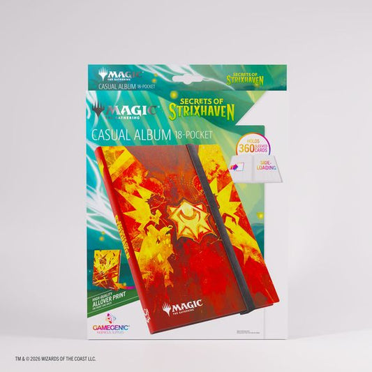 Protect and organize your collection with the Magic: The Gathering Secrets of Strixhaven Casual Album 18-Pocket. Designed for collectors and players alike, this officially licensed softcover binder offers reliable storage combined with striking Strixhaven artwork printed on both the outside and inside covers. The album includes 20 durable pages with 18 side-loading pockets per page, providing space for up to 360 cards—even double-sleeved. The side-loading design helps prevent cards from slipping out, while