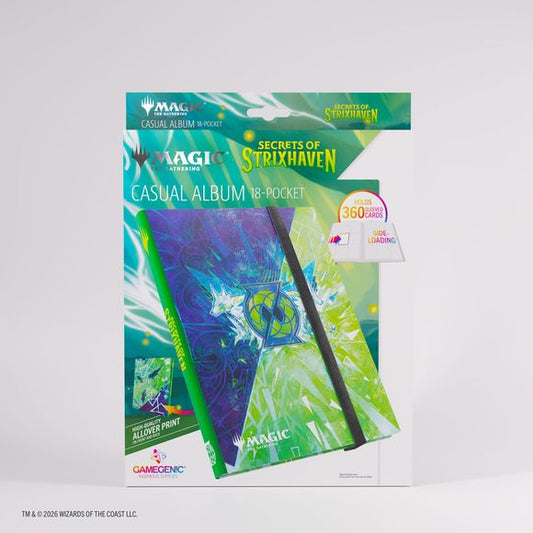 Protect and organize your collection with the Magic: The Gathering Secrets of Strixhaven Casual Album 18-Pocket. Designed for collectors and players alike, this officially licensed softcover binder offers reliable storage combined with striking Strixhaven artwork printed on both the outside and inside covers. The album includes 20 durable pages with 18 side-loading pockets per page, providing space for up to 360 cards—even double-sleeved. The side-loading design helps prevent cards from slipping out, while