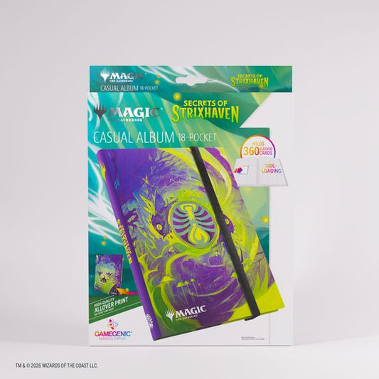 Protect and organize your collection with the Magic: The Gathering Secrets of Strixhaven Casual Album 18-Pocket. Designed for collectors and players alike, this officially licensed softcover binder offers reliable storage combined with striking Strixhaven artwork printed on both the outside and inside covers. The album includes 20 durable pages with 18 side-loading pockets per page, providing space for up to 360 cards—even double-sleeved. The side-loading design helps prevent cards from slipping out, while