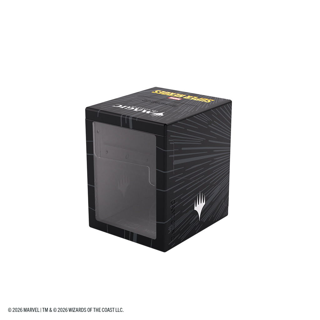 REAR COMMANDER DISPLAY WINDOW: Unique clear rear window lets you display your top card or Commander without opening the deck box for instant deck identification.
HOLDS 100+ DOUBLE-SLEEVED CARDS: Designed to securely store 100 double-sleeved cards, even when using extra thick inner sleeves.
ROCK-SOLID SNAP-OPEN DESIGN: Durable deck box with secure locking mechanism and smooth snap-open functionality for quick access.
CONVERTS INTO CARD PILE HOLDER: Innovative design allows the box to transform into a card