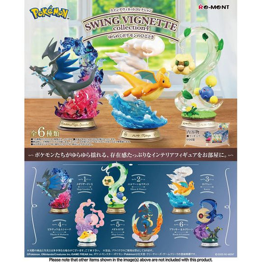 <p><strong>Each box contains 1 random Pokémon vignette figure. Specific designs cannot be selected.</strong></p>
<p>Add a playful sense of motion to your collection with the <strong>Re-Ment Pokémon Swing Vignette Collection 4</strong>!</p>
<p>This charming blind box series features fan-favorite Pokémon arranged in dynamic swing-inspired miniature scenes. Each design combines detailed sculpting, colorful scenery, and suspended or in-motion poses that give the display a lively, whimsical feel.</p>
<p>The c
