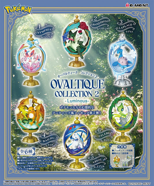 <p><strong>Each box contains 1 random Pokémon Ovaltique figure. Specific designs cannot be selected.</strong></p>
<p>Add an elegant antique-inspired display to your collection with the <strong>Re-Ment Pokémon Ovaltique Collection 2 - Luminous</strong> blind box series!</p>
<p>This beautifully detailed collection features fan-favorite Pokémon presented inside ornate oval frames with decorative metallic-style bases, floral elements, ribbons, leaves, and other fantasy-inspired accents. Each design has a lumi