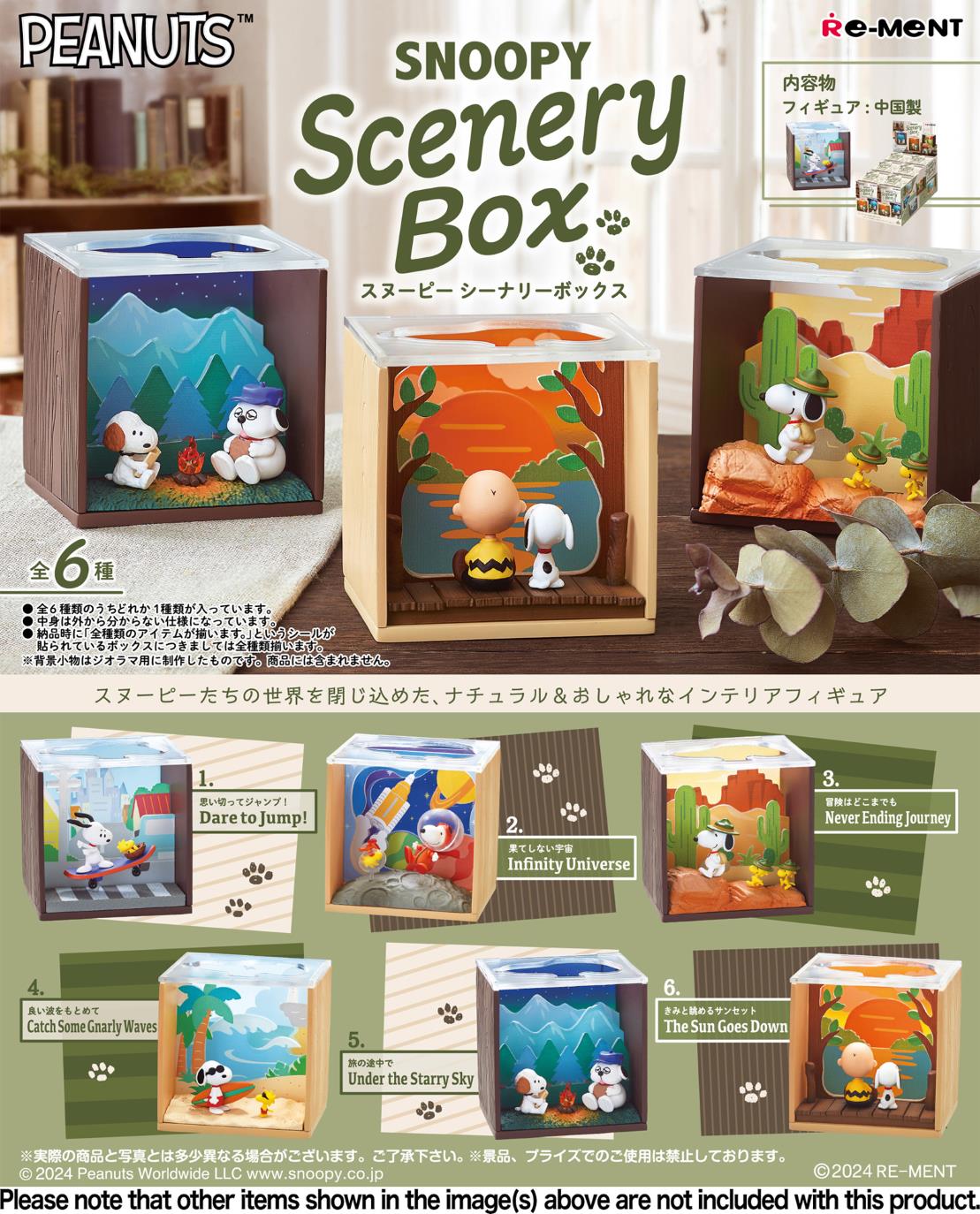 <p><strong>Each box contains 1 random Peanuts scenery box. Specific designs cannot be selected.</strong></p>
<p>Bring the world of <strong>Peanuts</strong> to your desk or shelf with the <strong>Re-Ment Snoopy Scenery Box</strong> blind box series!</p>
<p>This charming collection features Snoopy, Charlie Brown, Woodstock, and friends in miniature scenic displays inspired by travel, adventure, and relaxing outdoor moments. Each scene is enclosed in a stylish box-style frame, creating a compact diorama that