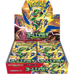 Each sealed Japanese Storm Emeralda Booster Box contains 30 booster packs containing 5 random cards each.