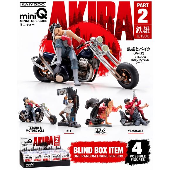 <p><strong>Each blind box contains 1 random figure. There are 4 different figures to collect. Specific figures cannot be selected.</strong></p>
<p>Return to the unforgettable world of <strong>AKIRA</strong> with the <strong>Kaiyodo miniQ AKIRA Part.2 “Tetsuo”</strong> collectible figure series!</p>
<p>This second miniQ assortment focuses on Tetsuo and other memorable characters from the legendary anime film, recreating iconic scenes in Kaiyodo's compact miniature format. Each figure features detailed scul