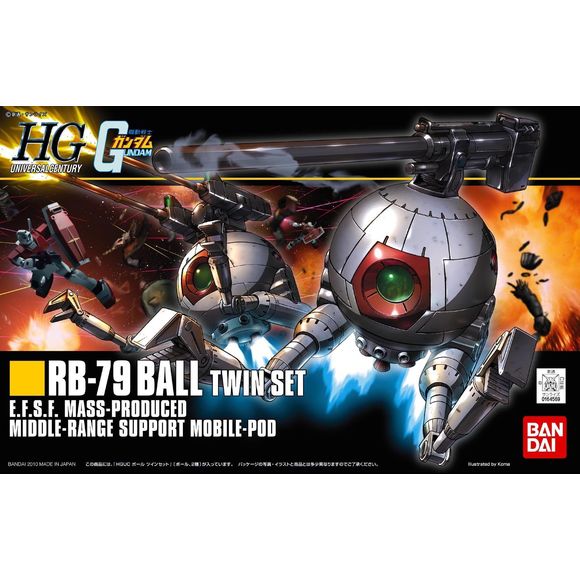 Not one Ball, but two! The latest HGUC release from Bandai gives you two identical RB-79 Balls (EFSF Mass-Produced Mid-Range Support Mobile Pods), both with 180mm cannons or twin guns that you can switch in and out, and the arms are articulated as well. Also, Bandai has supplied two display stands so your Balls don't roll away.