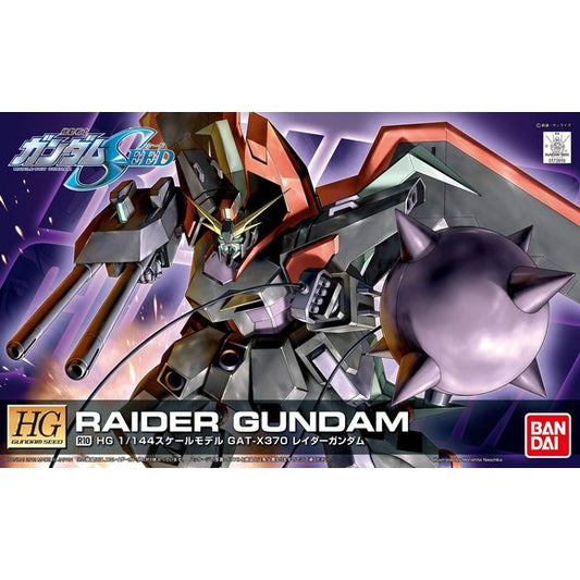 Designed to coincide with 10th anniversary of Seed a special re-issue of the HG Seed line was created with new plastic coloring along with new action base adaptors and special sticker markings. Raider Gundam is a transforming mobile suit equipped with a spherical breaker, arm mounted machine cannons with shield, and plasma weapons in its claws.