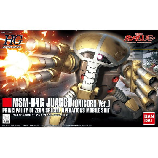 <p>Build and display <strong>HGUC Unicorn Ver. Juaggu</strong> with this official Bandai Hobby <strong>HGUC 1/144 scale model kit</strong>.</p>
<p>The Juaggu is an ancient design featured in the OVA "Gundam Unicorn." Its elephant like exterior houses multiple beam weapons and rocket launchers. Features movable mooneye in head</p>
<p><strong>Product Features:</strong></p>
<ul>
<li>HGUC 1/144 scale model kit</li>
<li>Official Bandai Hobby release</li>
<li>Includes marking and/or color-correction stickers</li>