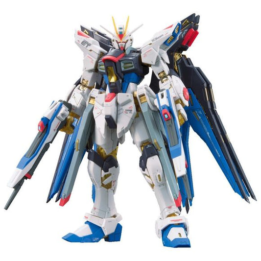 RG version of the Strike Freedom from Gundam Seed Destiny utilizing a modified gold colored advanced ms joint system . All armaments including beam rifles, rail guns, chest cannon, beam sabers, beam shield and deployable DRAGOON pods are included.