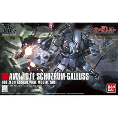 From Bandai, here's a High-Grade model kit of the AMX-101E Schuzrum-Galluss from "Gundam Unicorn". The Schuzrum Galluss comes armed with a spike shield and a chain mine. Includes stickers for markings. Assembly Required.