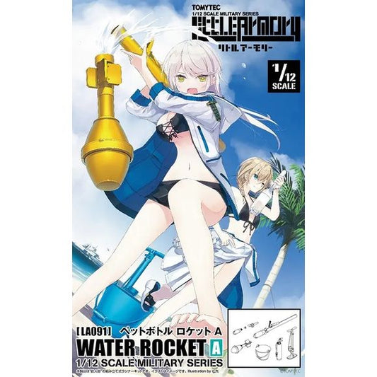 Your 1/12-scale figures can have an epic water battle with this fun set from Tomytec's "Little Armory" series! The parts are molded in clear light blue, clear, and orange; the rocket part can be chosen from either a large or small plastic bottle, and a warhead. A bucket and air pump for handling water are included, as is a compressed air canister to power launches. A fire extinguisher-type water gun is also included, as is a hose!