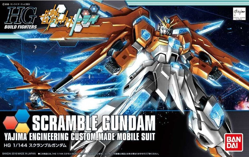 The Scramble Gundam was built by Yajima Trading as a test for a new battle system in "Gundam Build Fighters Try Island Wars." This kit is molded in color (orange, white, clear blue, clear pink and yellow) so painting it is not necessary, although adding some paint will help make it look even more stunning! It can assume its Flight Mode, and the clear blue panels really make it stand out!