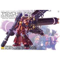 From the anime and manga "Gundam Thunderbolt," the psycho Zaku has been designed with heightened proportion and features by mechanical designer Hajime Katoki. unique aspects to this release include giant special booster seen only in the animation, completely articulated sub-arms that can fold into backpack, realistic joint and power pipe covers, and sole mounted-claws. weapons include beam bazooka, 3 giant bazookas, 2 Zaku machine haws, 2 heat Hawks, 3 Storm fausts, display 2 types of display stands. Ru