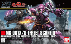 A mobile suit used by Zeon Remnants in episode 4 of "Gundam Unicorn", the Efreet Schneid appears as a HG model kit! The 14 Heat Darts equipped in various parts of the mobile suit are removable and can be used and posed in different ways to recreate scenes from the anime! The Efreet Schneid's Mono Eye is movable and the use of soft materials in the waist allows for a great range of motion! Set includes Heat Darts x14, 2 hand-held heat darts, and Giant Bazooka. Runner x9. Sticker sheet x1. Instruction manual