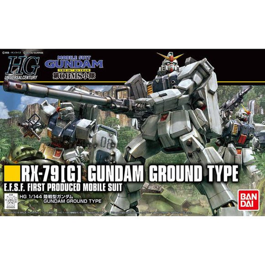 Here comes the HG Gundam Ground Type as seen in "Mobile Suit Gundam: The 08th MS Team"! Its exterior armor parts have been newly molded to recreate the unique look of the Ground Type, including the asymmetrical chest piece. It also features increased mobility, allowing you to recreate it posing on one knee while holding its gun with both hands, and other impressive poses seen in the anime series! The 180mm canon is newly molded, and can be stored inside the wepaon container by replacing certain parts. Assem