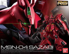 Sazabi, one of the most iconic custom made mobile suits of the Red Comet, Char Aznable, comes alive in the 1/144 Real Grade format! From the feature film "Mobile Suit Gundam Char's Counterattack" this large red mobile suit features complex detail as well as gimmicks that allow it to perform a wide variety of dynamic poses. Special attention has been made to ensure both surface detail and also functional detail not seen before in previous interpretations of the Sazabi including pop out and deployment mecha