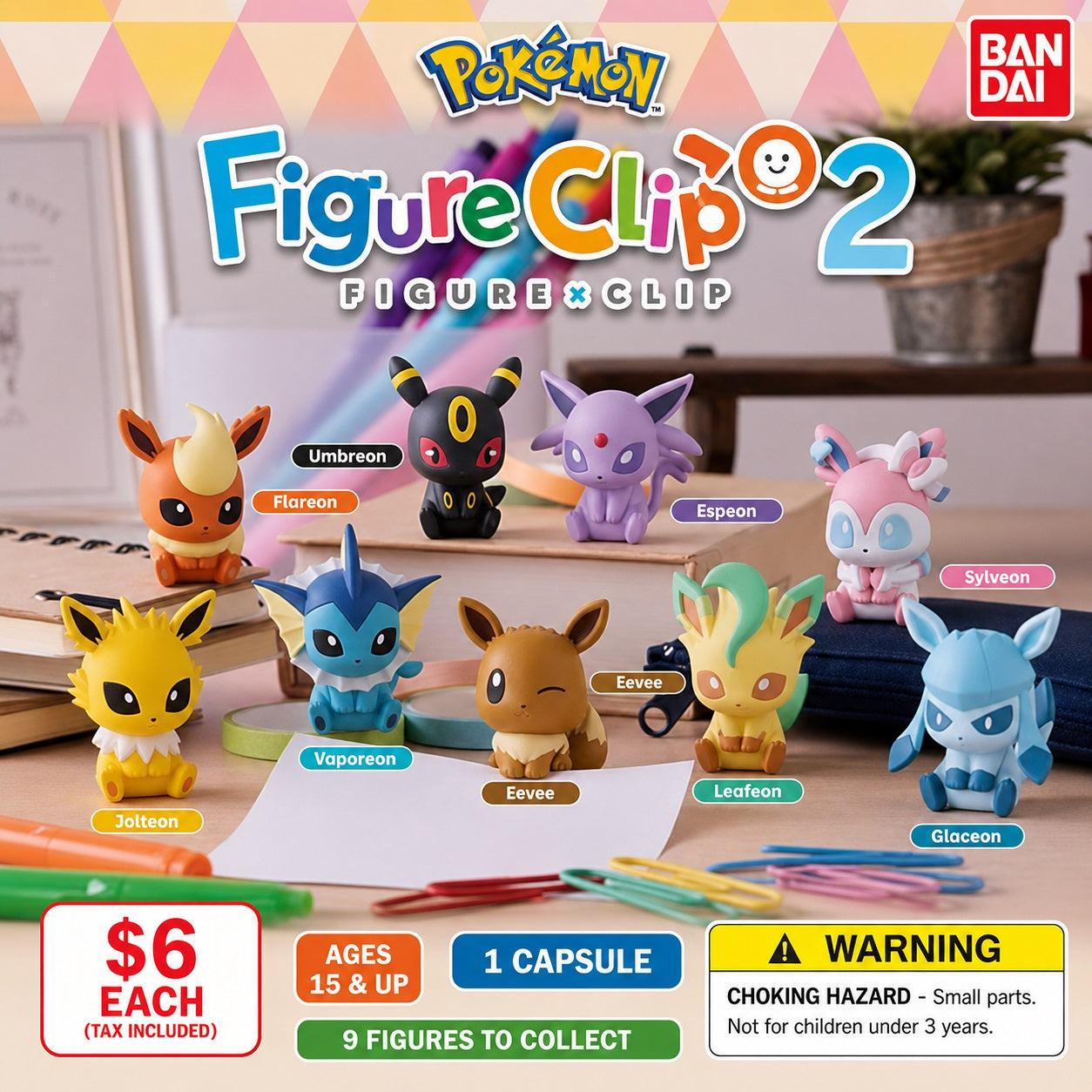 Bring your favorite Eevee Evolutions to your desk, notebook, or workspace with the Bandai Pokémon Figure Clip Vol. 2 collection! These adorable mini figures double as functional clips, making them perfect for holding notes, photos, cards, cables, or other small items while adding a touch of Pokémon charm to your everyday setup.
Each blind capsule contains one randomly selected Figure Clip featuring Eevee or one of its beloved Evolutions.