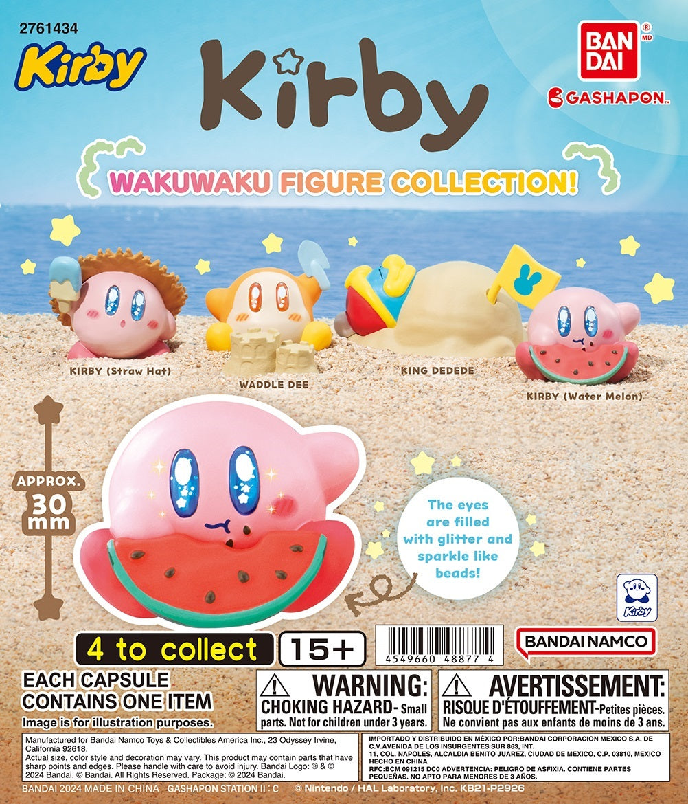 Bandai Kirby Wakuwaku Figure Collection Gashapon – 1 Random Figure
Bring a little beach-day fun to your collection with Bandai’s Kirby Wakuwaku Figure Collection! Kirby and friends are enjoying the sunshine in this adorable assortment of miniature figures featuring playful summer poses and sparkling, glitter-filled eye details.
Discover Kirby wearing a straw hat and holding a frozen treat, Waddle Dee building a sandcastle, King Dedede relaxing beneath the sand, or Kirby enjoying a slice of watermelon. The
