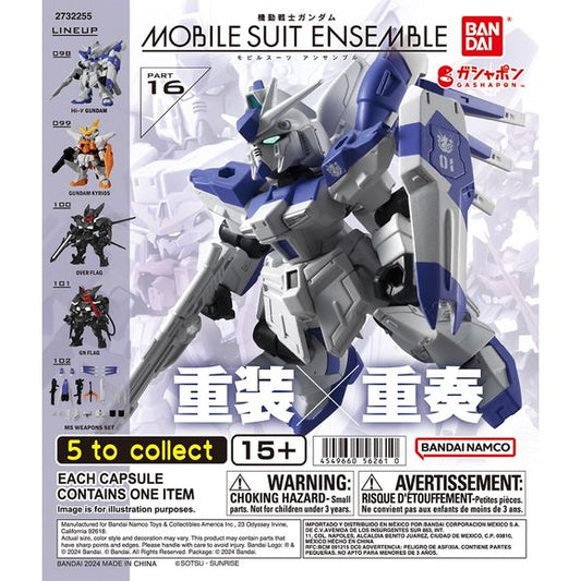Gundam Mobile Suit Ensemble Part 16 Gachapon Capsule Collection features: Hi-V Gundam, Gundam Kyrios, SVMS-01O Over Flag Gundam, GN Flag Gundam, and MS Weapon Set
This contains one random kit in a gashapon ball.