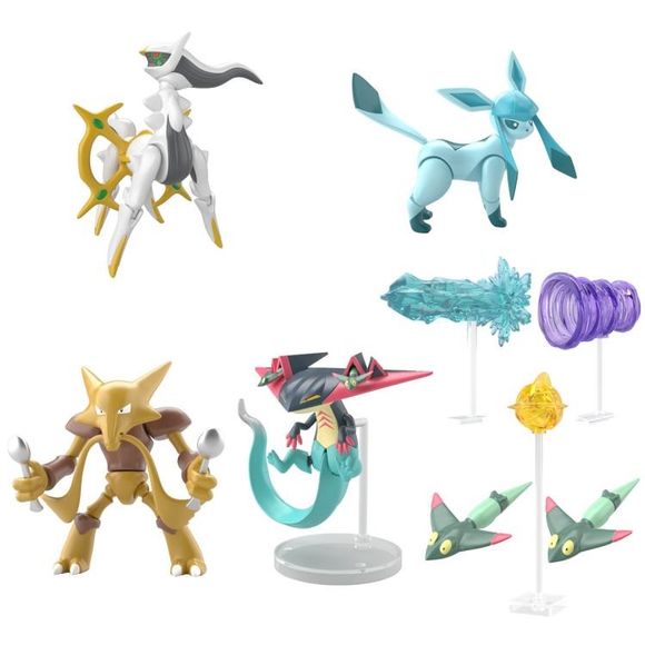 The 7th release of the Pokémon Shodo figure series has arrived! In addition to the Legendary Pokémon Arceus from the Sinnoh region, the setting of Pokémon Diamond and Pearl, and the evolved form of Eevee Glaceon, the lineup also includes Alakazam from the Kanto region and Dragapult from the Galar region. You will receive 1 random figure from a pool of 5 total figures to collect.
Note: Boxes contain 10 figures each, but there are 5 total for the lineup. Each box should contain 3 Arceus figures, 2 Glaceon