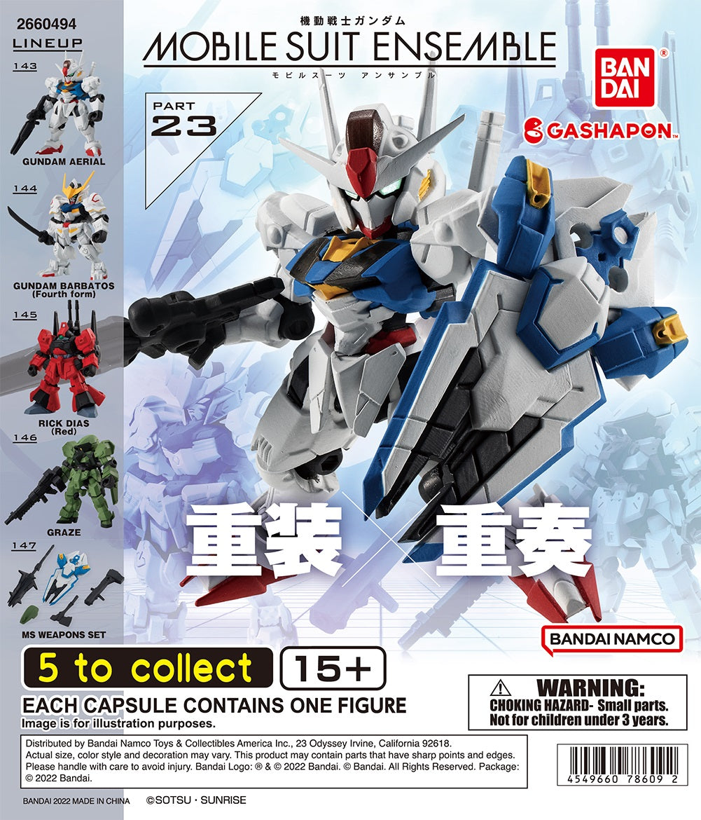 Mobile Suit Gundam – Mobile Suit Ensemble Part 23 Gashapon
Expand your Gundam collection with Bandai’s Mobile Suit Ensemble Part 23! This Gashapon series features detailed, super-deformed Mobile Suits with interchangeable parts, weapons, and articulation for creating dynamic poses and customized displays.
There are 5 different items to collect:
Gundam Aerial
Gundam Barbatos (Fourth Form)
Rick Dias (Red)
Graze
MS Weapons Set
Each gacha capsule contains 1 randomly selected item, so which Mobile Suit or we