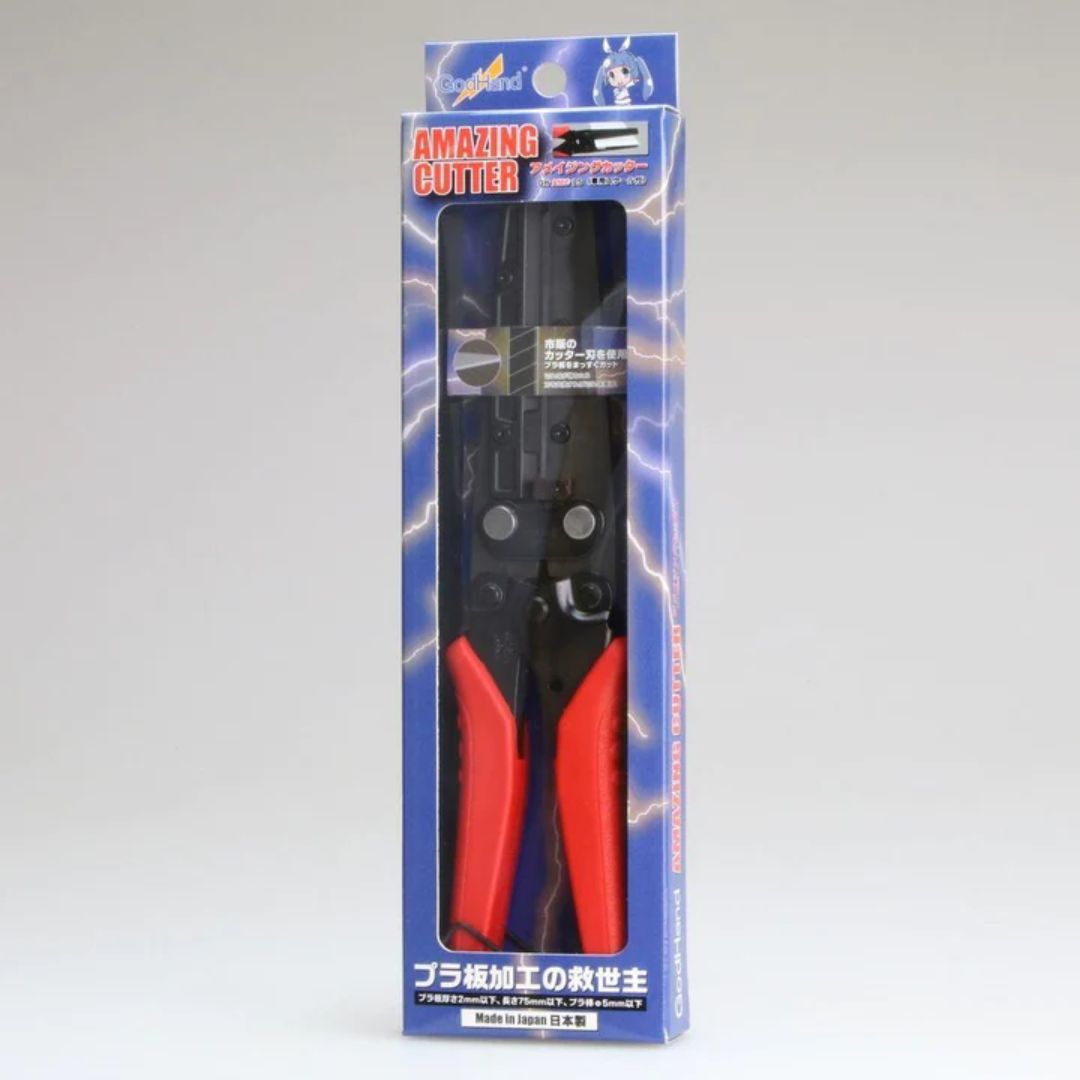 <p>Make clean, straight cuts in plastic sheet with light hand pressure using the <strong>GodHand GH-AMC-LS Amazing Cutter</strong>.</p>
<p>Designed specifically for plastic-model work, the Amazing Cutter uses leverage to cut material smoothly and with less effort than traditional hand cutting. Simply place the material between the blades and squeeze the grip to make a quick, straight cut with minimal crushing or deformation.</p>
<p>The cutter is designed for plastic sheet up to <strong>2 mm thick and 75 m
