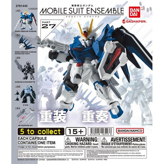 Expand your collection with Mobile Suit Gundam Mobile Suit Ensemble Part 27 from Bandai! The Mobile Suit Ensemble series brings iconic Mobile Suits to life as compact, highly detailed figures featuring articulation and interchangeable weapons and equipment.
Part 27 is headlined by the Rising Freedom Gundam from Mobile Suit Gundam SEED Freedom. The assortment also features Gundam Schwarzette from Mobile Suit Gundam: The Witch from Mercury, the classic Z'Gok, plus expansion parts and weapons that can be comb