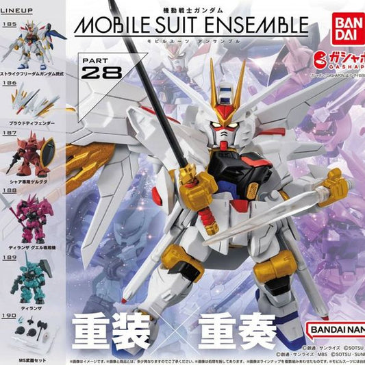 Gundam Mobile Suit Ensemble Part 28 Gachapon Capsule Collection features: Strike Freedom Gundam Type II, Proud Defender, Char's Gelgoog, Guel's Dilanza, Dilanza, and an MS Weapon set
This contains one random kit in a gashapon ball.