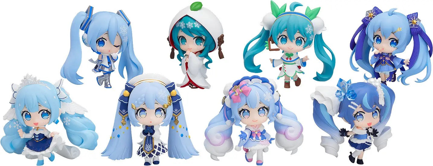 PRE-ORDER: Expected to ship in April of 2027.
From Good Smile Company comes Snow Miku All Stars Figure Collection Vol. 2, featuring eight adorable Snow Miku designs from odd-numbered years!
Based on illustrations by Eku Uekura, this collection celebrates Snow Miku designs spanning more than a decade, from Snow Miku 2011 through Snow Miku 2025. Each figure stands approximately 3 inches tall and includes its own display base.
This sealed box includes the complete collection of all eight figures, so there's