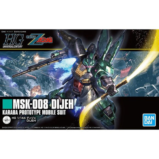 The HGUC Dijeh, as seen in "Zeta Gundam," is a completely new-tool kit! It's fully posable after easy assembly, and comes with its Beam Rifle, Clay Bazooka and Beam Naginata, as well as hands to wield them with. The Clay Bazooka and Beam Rifle can be worn on the left and ride side of its binder respectively; the Clay Bazooka can also be equipped onto the weapons rack on its left shoulder. Assembly Required.