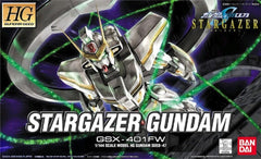 Simple 1/144 scale HG kit of the beautiful Stargazer Gundam comes with its beam shield generator backpack, a Beam Gun KSM71/J, three clear green beam rings and a stainless steel rod to hold the rings in place, plus a display base. Two types of stickers (sparkling gold, and black) are included for you to apply on the kit.