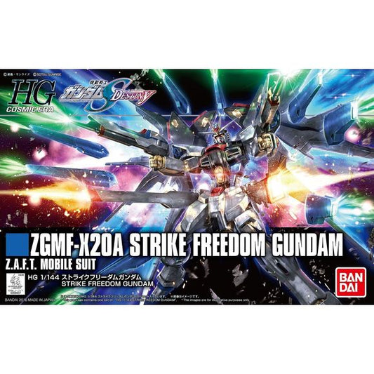 An updated design of the strike freedom from "Gundam seed Destiny" recreated with new proportion and part separation technology. includes 2 beam rifles that can also combine, hip mounted rail guns that can fold back for storage, beam shield, and 2 beam sabers. Runner x 10, foil sticker.