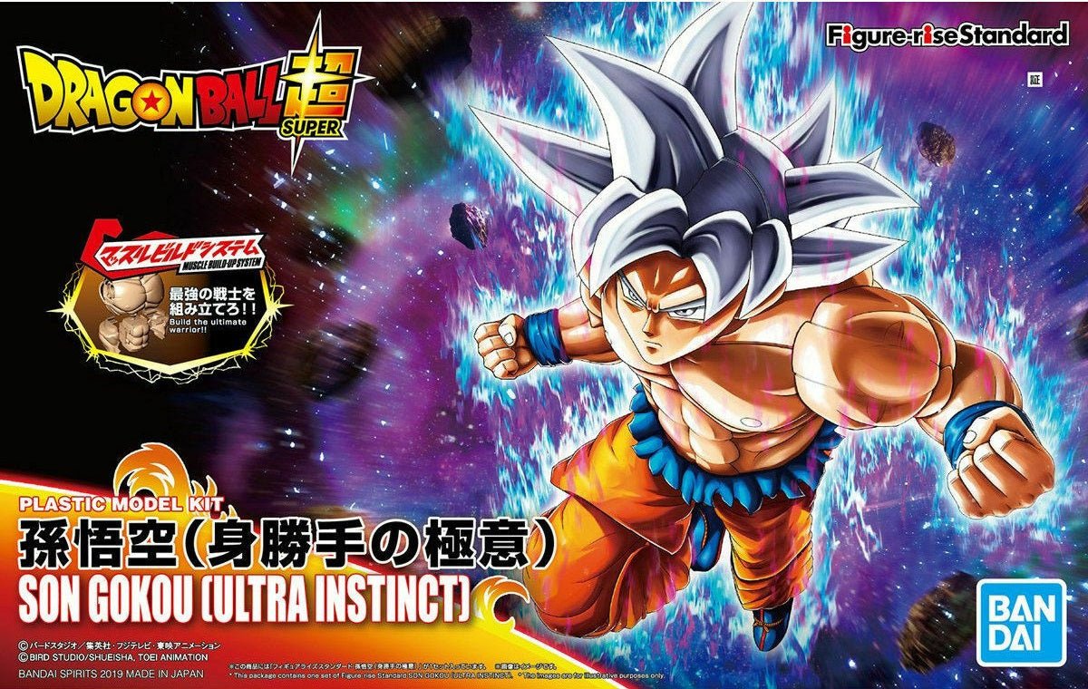 Goku's most powerful state, Ultra Instinct, joints Figure-rise Standard!  His extremely muscular body under his Gi has been faithfully recreated along with the shredded uniform that flaps above his waist belt.  The iconic silver hair and face are molded in multiple sections of plastic that reduce the need for painting but still allow for a sharp sculpt.  Includes multiple hand parts, interchangeable faces such as the clenched teeth expression in his fight with Jiren, and Kamehameha effect parts.  Runner x7,