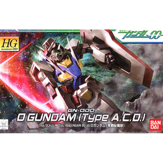 <p>Build and display <strong>Gundam 00 #45 O / 0 Gundam Type A.C.D.</strong> with this official Bandai Hobby <strong>HG 1/144 scale model kit</strong>.</p>
<p>The O Gundam from Gundam 00 as it appears in its final coloring reminiscent of the original Gundam! Includes beam rifle, shield, and beam saber</p>
<p><strong>Product Features:</strong></p>
<ul>
<li>HG 1/144 scale model kit</li>
<li>Official Bandai Hobby release</li>
<li>Includes beam rifle</li>
<li>Includes beam saber accessory/accessories</li>
<li>I