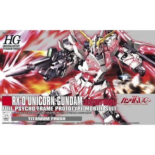The titular mobile suit from the OVA series "Gundam Unicorn," as a 1/144 model kit. Features translucent pink/red plastic to replicate its psycho frame and is equipped with beam magnum and shield. Impressive articulation at a small scale, it can be put into iconic poses from the anime. Parts are pre-colored and have an amazing titanium finish. Runner x7, sticker, instruction manual.