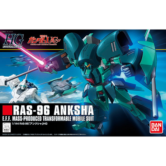 <p>This rather unique looking suit from Gundam UC is called the Anksha and is capable of transforming between its Mobile Suit and Mobile Armor modes. When in Mobile Suit Mode the Anskha features some impressive articulation in the joints with some sliding mechanisms built in.</p>
<p>When in Mobile Armor mode the Anksha can accomodate an HGUC kit on its back (sold separately) and even comes with option parts to mount whichever kit to the Anksha. If that wasn't enough, Bandai has also included a special displ