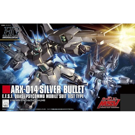 <p>Build and display <strong>Gundam MSV HGUC ARX-014 Silver Bullet</strong> with this official Bandai Hobby <strong>HGUC 1/144 scale model kit</strong>.</p>
<p>From the realm of Gundam UC Mobile Suit Variations comes the deadly Silver Bullet! This highly detailed and articulated snap-fit kit is molded in multiple shades of gray, with stickers for decoration.</p>
<p>Display stand not included</p>
<p><strong>Product Features:</strong></p>
<ul>
<li>HGUC 1/144 scale model kit</li>
<li>Official Bandai Hobby rele