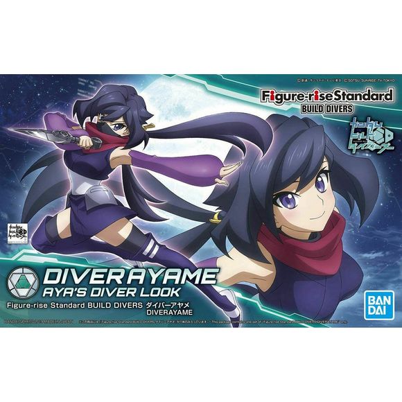 Ayame one of the female characters from "Gundam Build divers" Joins the figure-rise standard line! her Ninja costume allows for expressive poses and includes 2 kunai! 3facial expressions that can swap out are included along with her primary masked form. Also includes stand. Runner x 16, stickers, water slides, instruction manual.