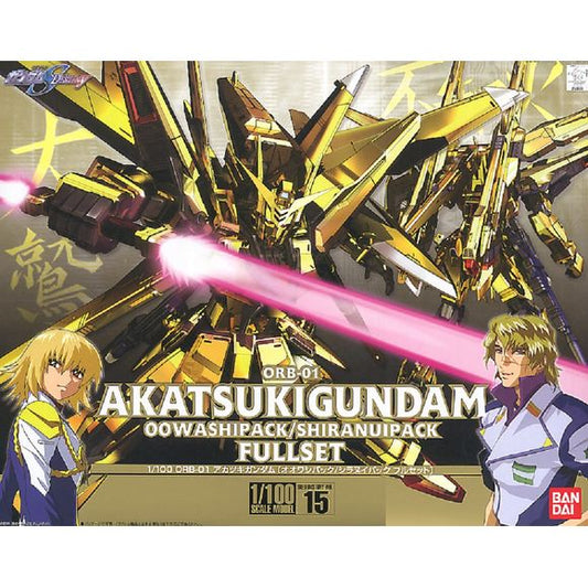 This superb 1/100-scale kit of the Akatsuki Gundam with its gleaming golden parts is irresistible to those who love mechs in shining armor! Akatsuki Gundam comes with two optional packs, which include the Oowashi and Shiranui pack, that can be attached to its back. Armaments include a beam rifle, shield, and two beam sabers that can be connected to form its signature double-bladed beam saber. A display base is included along with custom decals for detailing up your completed kit. All DRAGOON pods can separa