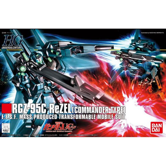 <p>Build and display <strong>Gundam Unicorn HGUC #108 RGZ-95 ReZEL Commander</strong> with this official Bandai Hobby <strong>HGUC 1/144 scale model kit</strong>.</p>
<p>A limited mass produced transforming unit in the Gundam Unicorn OVAs. Features over shoulder high energy cannon and differing winged backpack.</p>
<p>Transformation is accomplished through part swapping</p>
<p><strong>Product Features:</strong></p>
<ul>
<li>HGUC 1/144 scale model kit</li>
<li>Official Bandai Hobby release</li>
<li>Includes