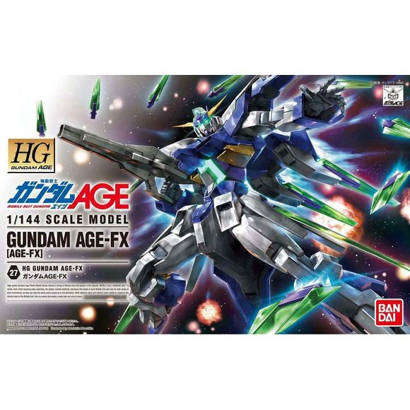 <p>Build and display <strong>Gundam AGE-FX High Grade</strong> with this official Bandai Hobby <strong>HG 1/144 scale model kit</strong>.</p>
<p>The coolest Gundam AGE kit of all? Many think so.</p>
<p>The AGE-FX comes with that clear ring you see in the pictures which allows the many effect parts to be placed in different positions. The AGE-FX also has a removable Core Fighter and carries that large Bazooka and Rifle for when he needs it.</p>
<p>Assembly Required</p>
<p><strong>Product Features:</strong></