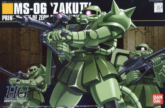 The iconic green enemy mobile suit used by the armies of the Principality of Zeon from the original Mobile Suit Gundam in 1/144 scale! Includes Zaku Machine Gun, bazooka which can be held in hand or mounted on back, heat hawk. Green Zaku also includes optional leg mounted missile packs!