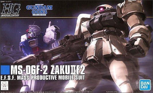 From Gundam 0083 'Stardust Memory' comes our newest HGUC, the Zaku II F2, as used by the E.F.S.F. Bandai's design once again involves the use of plenty of poly-caps allowing this Zaku II a great deal of articulation. Included with this Zaku are the 120MM Zaku Machinegun, 90 mm Machinegun, Heat Hawk, and the Missile pods which attach to the legs. Marking stickers are also provided.